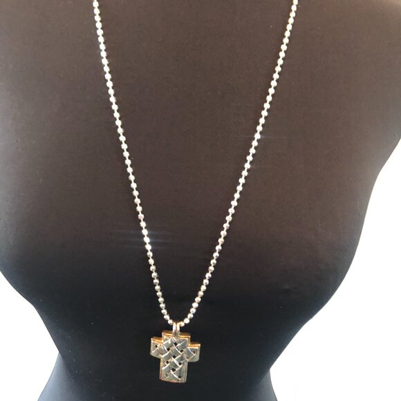 Handcrafted by unknown artist Jewelry - Silver and Gold Colored Metal lattice design Cross 2 1/4 " long by 1 1/4…